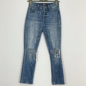Hollister Womens 00R W23 L27 High Rise Vintage Straight Jeweled Distressed Jeans